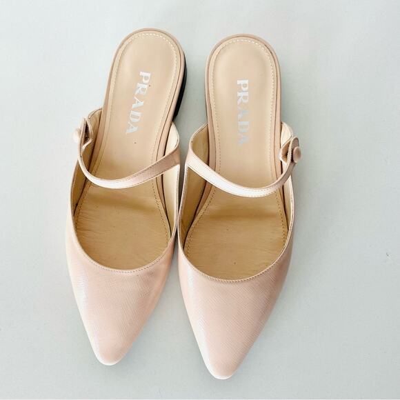 PRADA Nude Cream Beige Patent Leather Strap Pointed Toe Flats Slip On Slides 38 - Picture 7 of 16